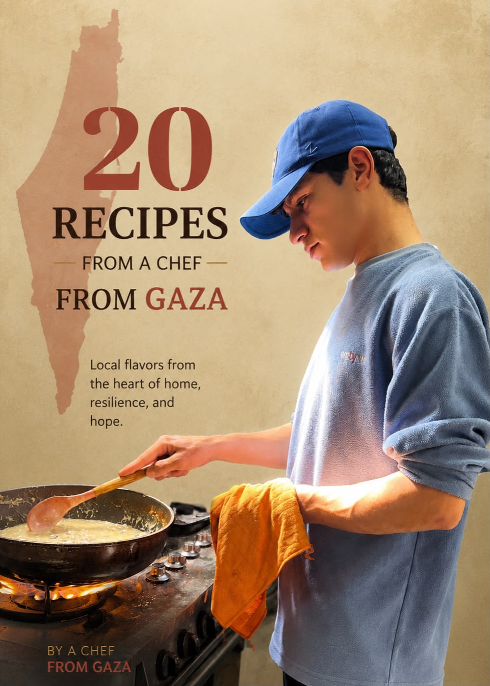 Cover of 20 Recipes from a Chef from Gaza — Anas cooking at his stove
