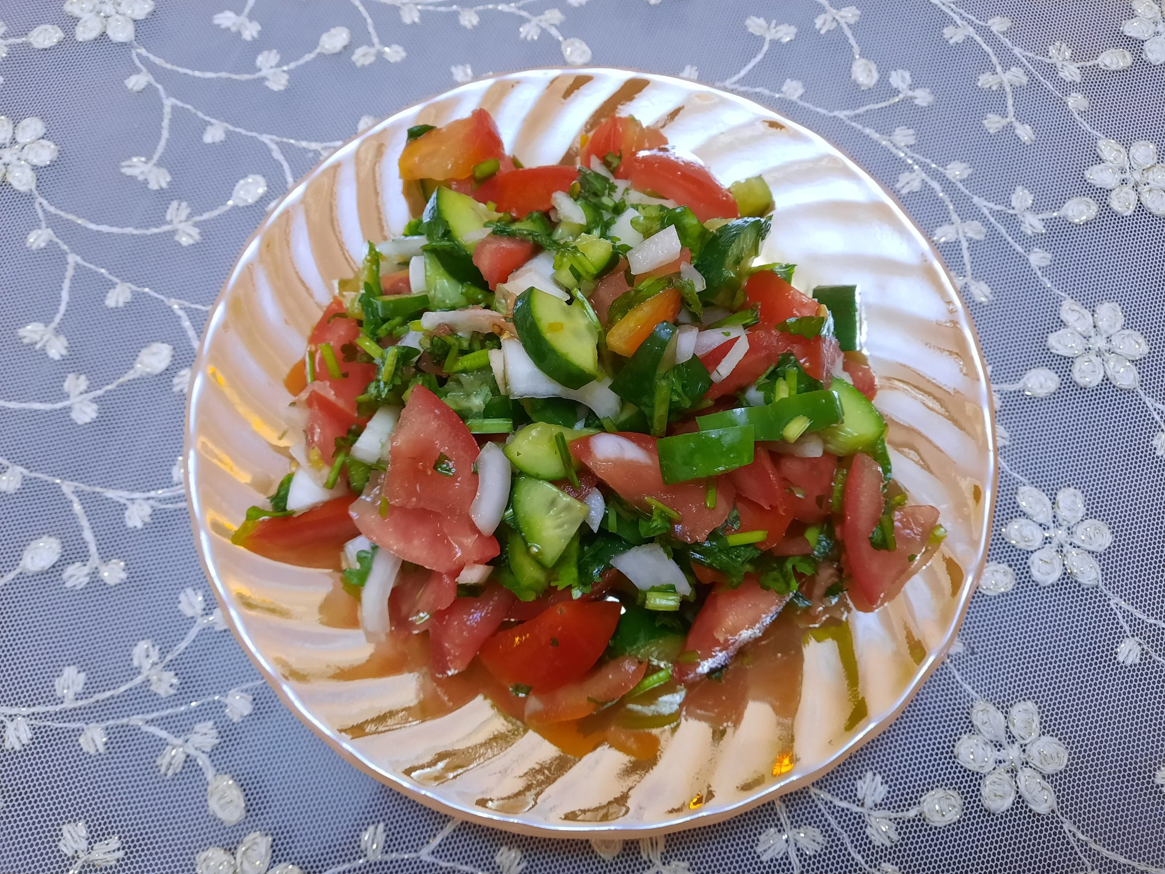 Gaza Salad — Tomatoes, cucumber and white tahini with lemon and olive oil — Gaza's bright, tangy table salad.